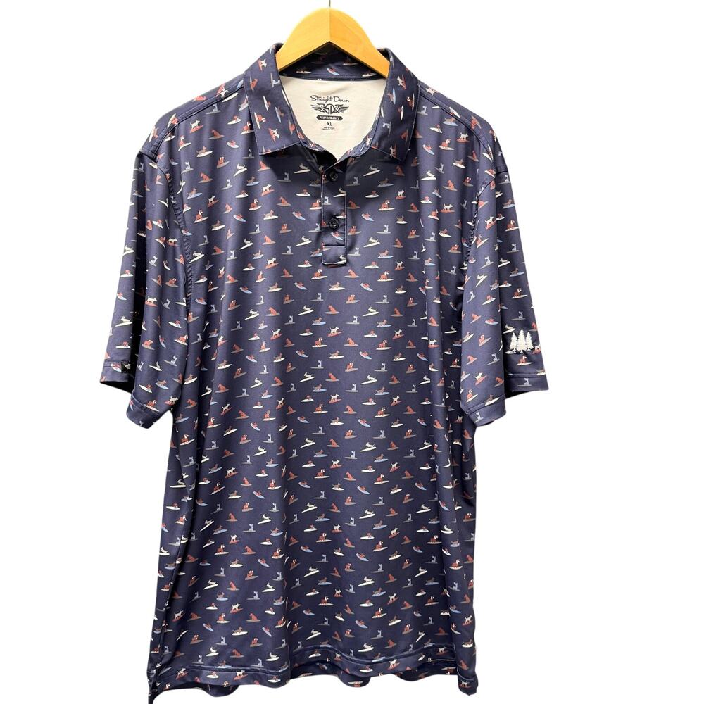 Straight Down Polo Shirt Mens XL Blue Dogs Surfing AOP Performance Golf Logo